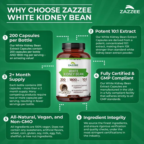 Miniatura 6 de Zazzee Extracto de frijol blanco 10:1, 1800 mg por porción, 200 cápsulas veganas, suministro para más de 2 meses, Phaseolus vulgaris, soporte