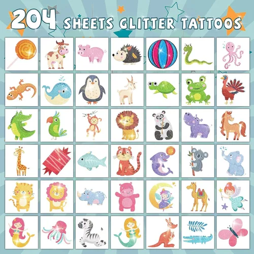 Miniatura 2 de EMOME 204 hojas de tatuajes con purpurina para niños, tatuajes temporales envueltos individualmente para niñas y niños, calcomanías de tatuaje falso