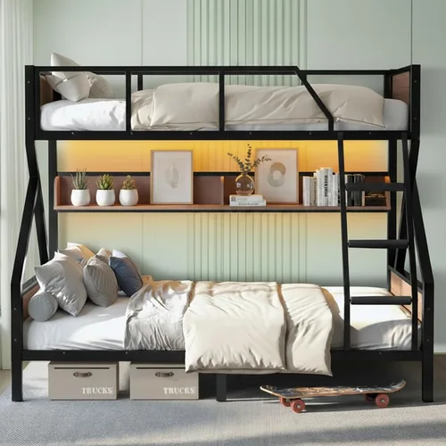 Miniatura 7 de Litera individual XL sobre Queen con estantes de almacenamiento y luces LED, marco de cama de metal resistente con escaleras, diseño sin ruido, cama