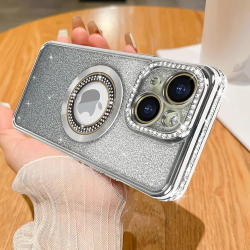 Miniatura 29 de Losin Funda magnética compatible con iPhone 15 Pro Max con purpurina compatible con MagSafe Funda de lujo con diamantes de imitación con logotipo