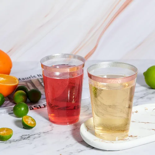 Miniatura 3 de Vplus Paquete de 150 vasos de plástico transparente reutilizables con borde de oro rosa de 12 onzas, vasos desechables de plástico resistentes