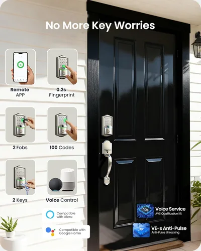 Miniatura 3 de Veise VE027-H Cerradura inteligente de huella digital Wi-Fi integrada con manija, control remoto de aplicación y control de voz, juego de cerradura