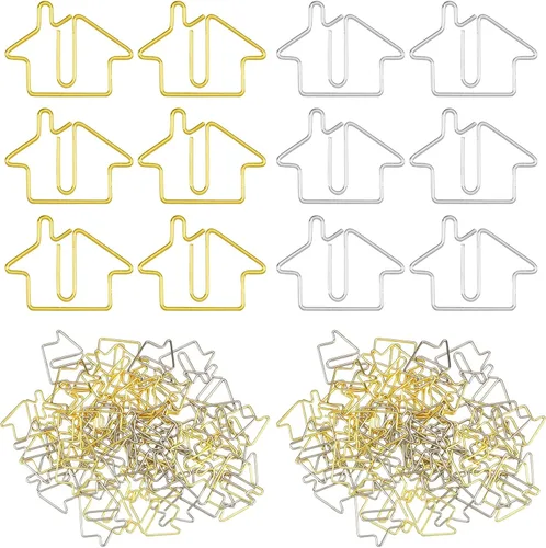Yeaqee 50 clips de papel en forma de casa, suministros de agente inmobiliario, color dorado y plateado, divertidos clips a granel para niños,