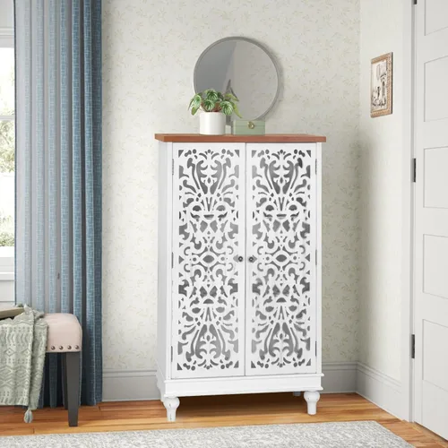 Miniatura 12 de PHI VILLA Gabinete de Acento Blanco con Puertas, Aparador Buffet Estilo Granja con Gabinetes Pequeños Tallados Calados