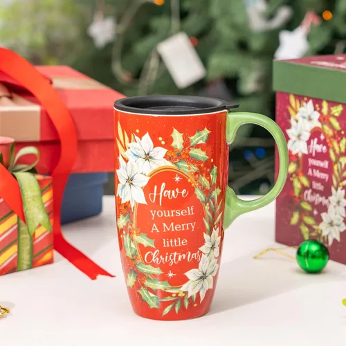 Miniatura 4 de Topadorn Taza de café de cerámica de 17 onzas con tapa y caja de regalo, taza de té de porcelana roja festiva, apta para microondas y lavavajillas