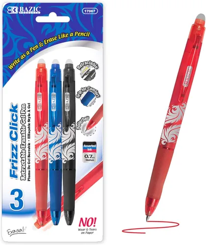 BAZIC Frizz 17067 - Bolígrafo retráctil de gel borrable de colores surtidos con empuñadura, paquete de 3