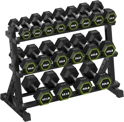 Miniatura 10 de HANDBODE Soporte para mancuernas de 3 niveles, estante de almacenamiento de capacidad de 1000 libras, estante de pesas para mancuernas, pesas rusas