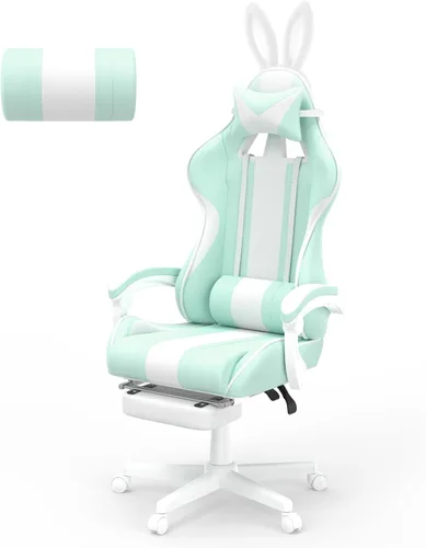 Miniatura 10 de Ferghana Kawaii - Silla de juegos azul claro con orejas de conejo, ergonómica y bonita silla para jugadores con reposapiés y masaje, silla