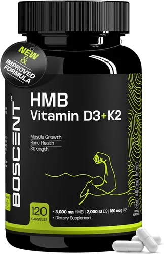 Suplemento de HMB y vitamina D3 de 1,000 mg (180 cápsulas) – Suplementos de HMB con 4,000 UI de D3 y calcio – Crecimiento muscular, fuerza y