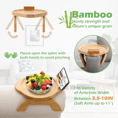 Miniatura 2 de SINWANT Mesa de brazo para sofá, bandeja redonda de bambú con clip para sofá con soporte para teléfono de 360°, mesa plegable para reposabrazos