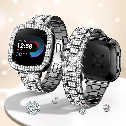 Miniatura 7 de Dsytom Bling Banda de Reloj Elegante Compatible con Fitbit Versa 4, Sense 2, Versa 3, Sense - Correa Linda con Funda Protectora de Rinstone