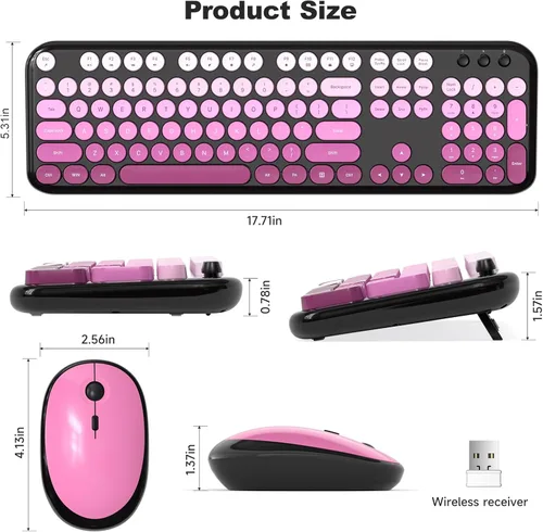 Miniatura 163 de KNOWSQT Combo de teclado y ratón inalámbrico, teclados lindos de tamaño completo estilo máquina de escribir 2.4G azul colorido - receptor USB Plug