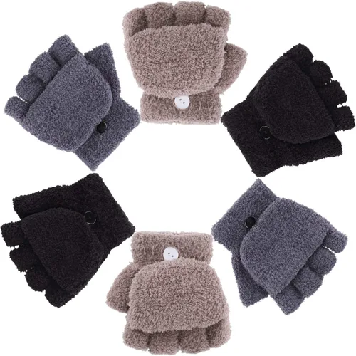 Miniatura 5 de 3 pares de guantes sin dedos para niños, guantes convertibles con tapa abatible, guantes de punto suave de invierno para niños y niñas