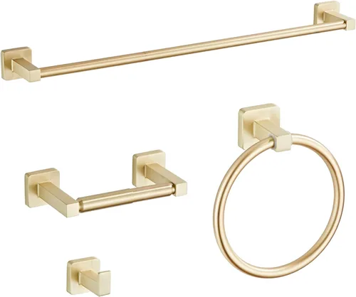 Miniatura 8 de Juego de 4 piezas de accesorios de baño de color dorado cepillado claro, juego de toallero de acero inoxidable montado en la pared, incluye toallero