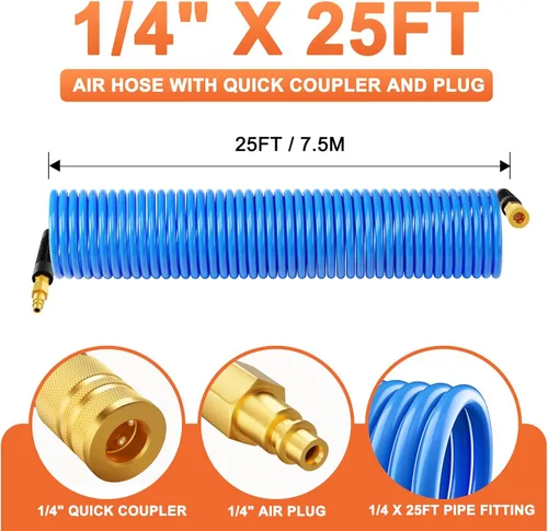 Miniatura 2 de GASHER Manguera de aire de retroceso de poliuretano de 1/4" x 25FT con restrictor de curva, acoplador rápido industrial de 1/4" y enchufe