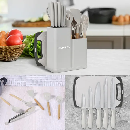 Miniatura 9 de Juego de utensilios de cocina de 19 piezas, 11 piezas de utensilios de cocina de silicona, juego de 6 cuchillos blancos afilados de acero inoxidable