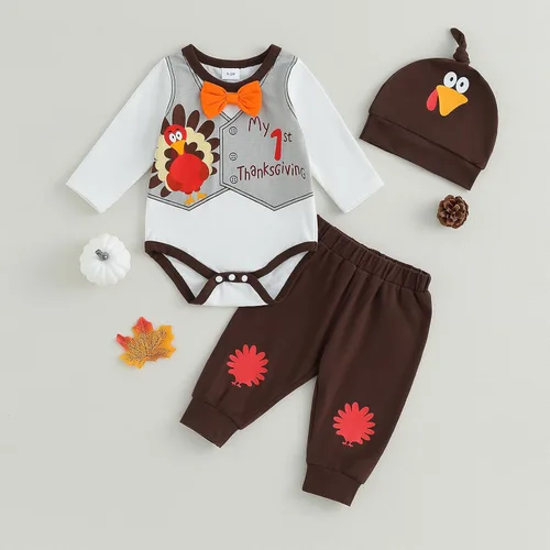 Miniatura 2 de FIOMVA My First Thanksgiving - Conjunto de 3 piezas para bebé, traje de bebé, pantalones y sombrero, para otoño e invierno