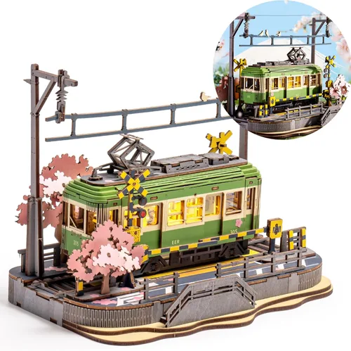 Rompecabezas de madera 3D para adultos, Sakura Journey Tram, modelos de kits de coche para adultos, kits de manualidades de bricolaje, regalo
