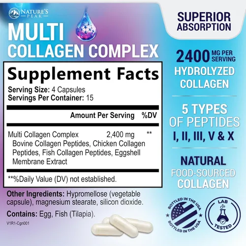 Miniatura 2 de Suplemento de péptidos de colágeno múltiple para cabello, uñas, piel, tipo I, II, III, V, X, pastillas de colágeno en polvo, alimentado con pasto