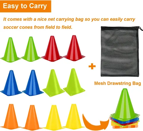 Miniatura 6 de Conos de fútbol para entrenamiento deportivo, agilidad, conos de campo, paquete de 12 conos de entrenamiento de 7 pulgadas con bolsa de malla, conos