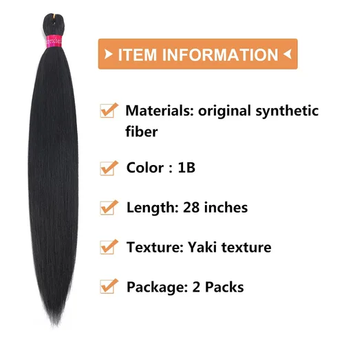 Miniatura 3 de Extensión de cabello trenzado negro, 28 pulgadas, cabello trenzado preestirado para trenzas de cabello, 2 paquetes de cabello sintético con textura
