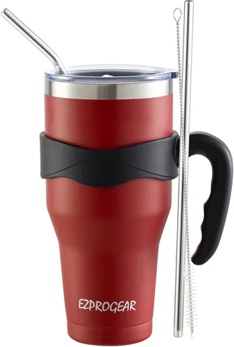 Miniatura 6 de Ezprogear – Vaso con aislamiento al vacío de doble pared de acero inoxidable, con pajilla y asa Azul marino gris