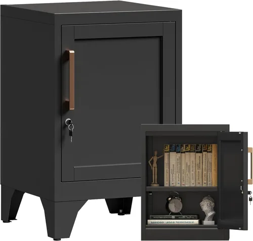 Mesita de noche tipo casillero de metal negro de 23.6 pulgadas de alto con 1 puerta con cerradura y 1 estante ajustable, armario de almacenamiento