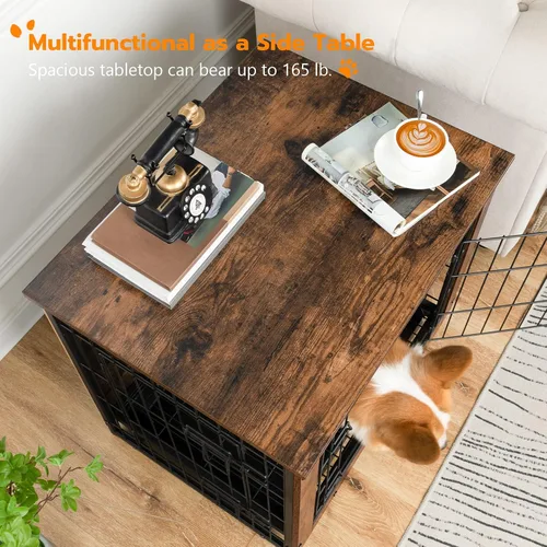 Miniatura 5 de Mueble de jaula para perros, perrera pequeña de 25.5 pulgadas para interiores, jaula de madera con bandeja extraíble, mesa auxiliar lateral que