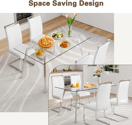 Miniatura 3 de Juego de mesa de comedor de cristal para 4, mesa rectangular con 4 sillas de cocina de cuero blanco, juego de comedor de cocina de 51 pulgadas, mesa