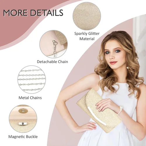 Miniatura 4 de Bolso de mano con purpurina para mujer, bolso de noche, bolso de mano, de metal brillante, sobre formal, boda, baile de graduación, bolso de mano