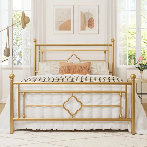 Miniatura 11 de Allewie Base de cama de plataforma de metal tamaño King con cabecero y pie de cama vintage victoriano/base de colchón/almacenamiento debajo