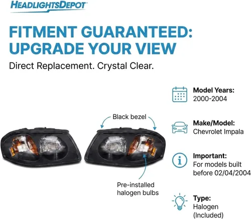 Miniatura 4 de HEADLIGHTSDEPOT Juego de faros halógenos compatible con Chevrolet Impala 2000-2004