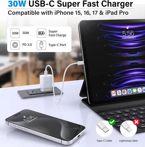 Miniatura 7 de Bloque USB C 30W PD Bloque de Carga Súper Rápida Tipo C Enchufe Cubo Adaptador de Pared Ladrillo de Alimentación Cargador USB C para iPhone 17, 17