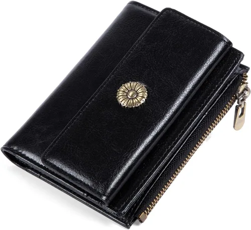 Miniatura 8 de Cartera pequeña para mujer, con bloqueo RFID, de piel suave, plegable, compacta, tarjetero para mujer, con bolsillo con cremallera, color negro