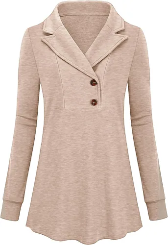 Miniatura 2 de Micoson Sudadera de manga larga con solapa y botones para mujer, cuello en V, casual, para negocios, sudadera con vuelo