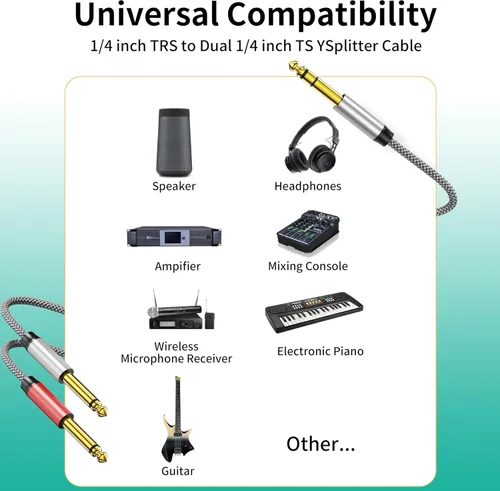 Miniatura 2 de Cable de inserción de 3 pies – Divisor en Y dual de 1/4 mono a estéreo compatible con amplificadores, mezcladores, guitarras, altavoces y más