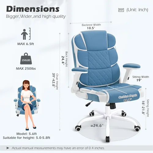Miniatura 3 de SEATZONE Silla de Oficina Azul de Cuero Ergonómica Sillas de Escritorio Ejecutivas para Computadora Sillas Pequeñas Lindas y Rodantes Sillas