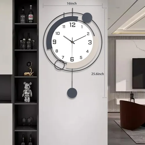 Miniatura 5 de Relojes de pared decorativos con péndulo, cuarzo de calidad silenciosa, funciona con pilas, reloj de pared grande de metal para sala de estar, Negro