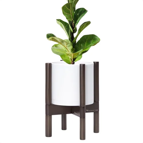 Miniatura 32 de Maceta de D'vine Dev con soporte - Maceta de flores de cilindro de plástico de 8.0 pulgadas con soporte de madera para interiores, maceta mate negra