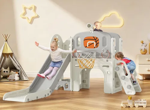 Miniatura 9 de BIERUM - Tobogán para niños pequeños 9 en 1, tobogán para bebés de 1 a 3 años con juego de anillos, aro de baloncesto y telescopio, juego de parque