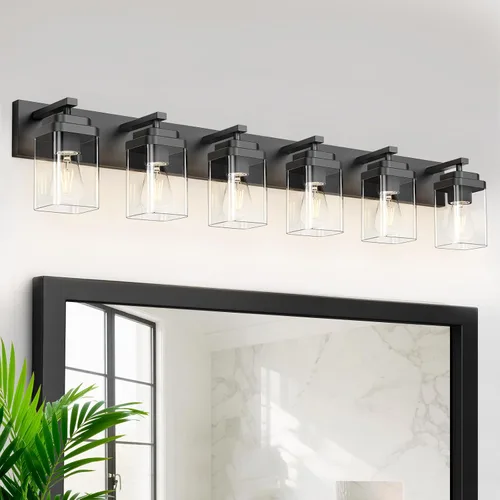 Miniatura 23 de Lámparas de baño de oro cepillado, 4 luces de baño sobre el espejo, diseño cuadrado y placa trasera grande rectangular, accesorios de iluminación