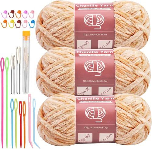 Miniatura 39 de LUNARM Hilado de chenilla para tejer y hacer ganchillo, 3 madejas de 240 metros de hilo grueso, suave y voluminoso, para tejer mantas, ropa y Beige