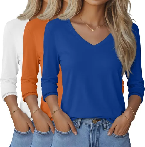 Miniatura 43 de Ficerd Paquete de 3 camisetas de manga 3/4 para mujer, cuello en V, blusas holgadas, blusas casuales, ropa de moda 2026