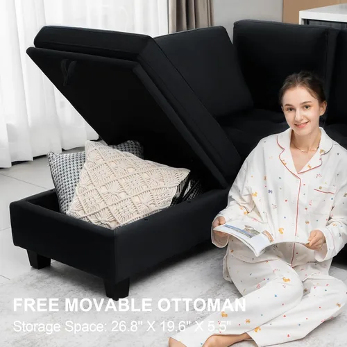 Miniatura 5 de Belffin Sofá cama modular convertible de terciopelo de 4 asientos con diván reversible, sofá cama seccional con almacenamiento otomano seccional