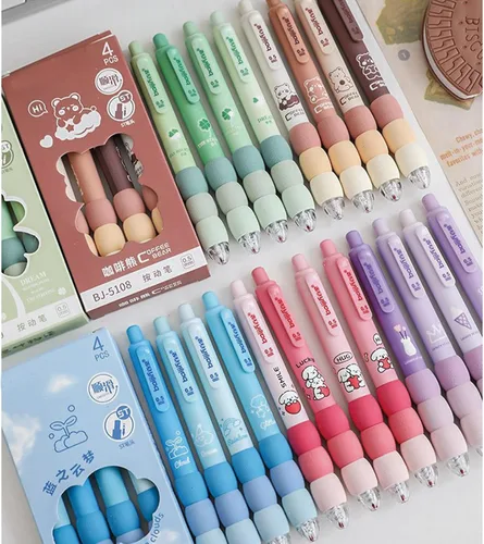 Miniatura 6 de MOZXIRZ 4 bolígrafos de gel estéticos retráctiles azules, de agarre suave, bolígrafo de tinta negra kawaii para oficina, escuela, suministros