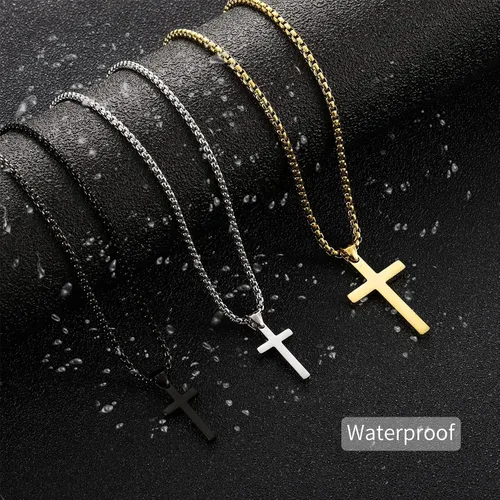 Miniatura 5 de HSWYFCJY Collar de cruz para hombre, plata negra y oro, acero inoxidable, con dije de cruz lisa, collar con colgante de cruz, joyería fiel