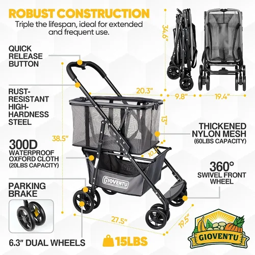Miniatura 5 de Carrito de compras plegable con ruedas, carritos de comestibles multiusos de 80 libras con ruedas de 360° y bolsa extraíble, carritos de compras