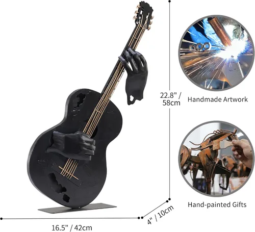Miniatura 2 de SunBlogs Art - Decoración de guitarra de metal de 23 pulgadas de alto, escultura musical hecha a mano (negro) Hand-painted Metal Statue, Western