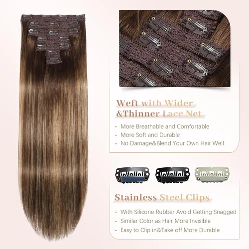Miniatura 3 de Sisily - Extensiones de cabello con clip de cabello humano real, 30 cm 70 g, balayage de marrón chocolate a rubio, 100% cabello humano Remy