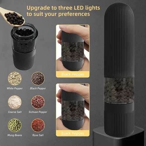Miniatura 5 de T-mark Juego de molinillo eléctrico de sal y pimienta, funciona con pilas, molinillo automático de sal y pimienta con una sola mano con luces LED